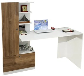 Birou cu bibliotecă în decor de lemn de nuc Domingos, alb