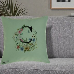 Cadou Personalizat - Perna Personalizata Monogram Litera C cu Flori Acuarela, 40x40 cm, Verde, Husa Detasabila, Perna Inclusa, BEKZ®