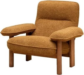 Fotoliu de relaxare retro camel din stofă bouclé, cu brațe late și cadru din lemn de pin, 96×86,5×82,5 cm, „Biskit”