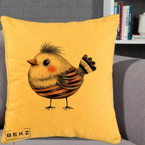 Perna Decorativa Pui Expresiv Dungi Negru-Rosu, 40x40 cm, Galben, Husa Detasabila, Perna Inclusa, BEKZ®