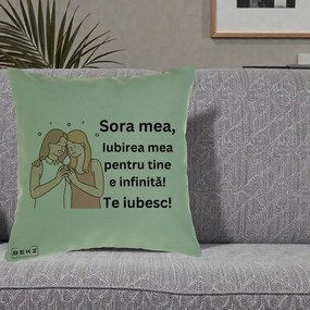 Cadou pentru Sora - Perna Personalizata Sora Mea Te Iubesc Imbratisare cu Sclipiri, 40x40 cm, Verde, Husa Detasabila, Perna Inclusa, BEKZ®