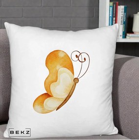 Perna Decorativa Fluture Acuarela Auriu, 40x40 cm, Alb Pufos, Husa Detasabila, Perna Inclusa, BEKZ®