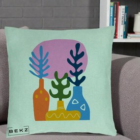 Perna Decorativa Vaze Botanice Abstract, 40x40 cm, Verde Menta, Husa Detasabila, Perna Inclusa, BEKZ®