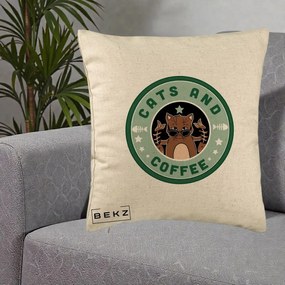 Perna Personalizata Cats and Coffee Starbucks, 40x40 cm, Bej, Husa Detasabila, Perna Inclusa, BEKZ®