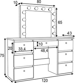 Masuta machiaj cu Oglinda LED si 7 Sertare pentru Cosmetice, Set Masa toaleta 120 cm, Alb, masuta cosmetica, vanity - SEA516C