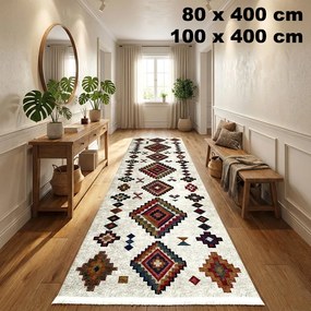 Traversa hol antiderapanta, 400 cm, model etnic, bej multicolor
