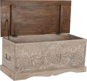 Cufăr sculptat din lemn de acacia, natur, cu motive florale, capac maro și mânere din fier, finisaj patinat, 40 x 90 x 40 cm, „Epoque”