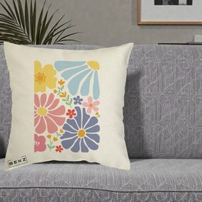Perna Decorativa Flori Grafice Pastel Multicolor, 40x40 cm, Ecru, Husa Detasabila, Perna Inclusa, BEKZ®