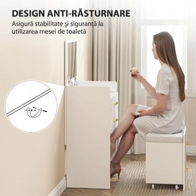 HOMCOM Masă de toaletă 3 în 1 cu oglindă rabatabilă, taburet retractabil, 3 sertare și blat din sticlă, alb | Aosom Romania