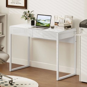 HOMCOM Birou Modern cu 2 Sertare și Picioare din Oțel, 100x50x75 cm, Alb Lucios | Aosom Romania
