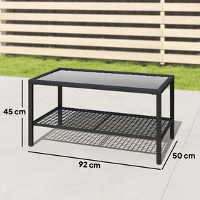 Outsunny Măsuță de Cafea din Ratan pe 2 Niveluri cu Raft, Blat din Sticlă Securizată, Măsuță de Exterior cu Cadru din Oțel, 92x50x45 cm, Negru | Aosom Romania