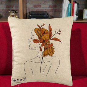 Perna Decorativa Portret Feminin Crin Ruginiu Auriu, 40x40 cm, Bej, Husa Detasabila, Perna Inclusa, BEKZ®