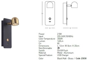 Aplica cu spot LED directionabil, USB Charger Bran negru/alama