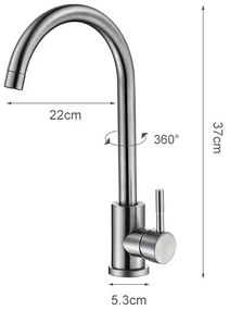 Baterie de Bucătărie, din Inox, Finisaj Satinat, Structură Alamă Turnată, Pipă Rotativă 360°