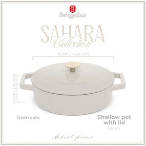 Cratiță din fontă emailată cu capac 26 cm, 2.57 L Berlinger Haus Sahara Collection BH 6530, crem, ideală pentru friptură și cuptor