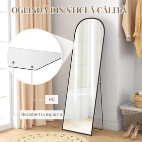 HOMCOM Oglindă de Podea și Perete, Oglindă Modernă cu Structură din Aliaj de Aluminiu și Suport Pliabil, 50x161.5 cm, Negru | Aosom Romania
