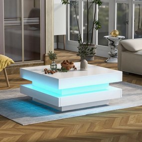 Măsuță de Cafea Modernă Pătrată Lucioasă cu Placă Rotativă la 360° și Iluminare LED în 16 Culori, 70x70x36 cm, Albă