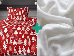 2x lenjerie de pat de flanel rosi CHRISTMAS TREES + cearceaf microplus SOFT 180x200 cm alb