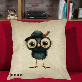 Perna Decorativa Pui Misterios cu Palarie Neagra, 40x40 cm, Crem, Husa Detasabila, Perna Inclusa, BEKZ®