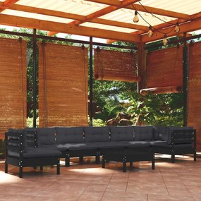 3096741 vidaXL Set mobilier grădină cu perne, 9 piese, negru, lemn masiv pin