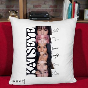 Perna Personalizata K-pop KATSEYE Semnaturi Membre Foto, 40x40 cm, Alb Pufos, Husa Detasabila, Perna Inclusa, BEKZ®