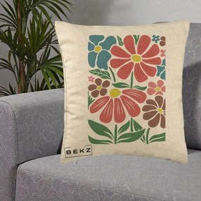 Perna Decorativa Flori Grafice Colorate Retro, 40x40 cm, Bej, Husa Detasabila, Perna Inclusa, BEKZ®