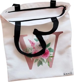 Sacosa de Panza pentru Cumparaturi, Geanta Tote, Cu litera W Rose Gold si Trandafiri, Cu fermoar, 38x34.5 cm, Alba, BEKZ®