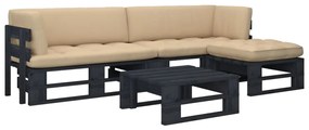 3066796 vidaXL Set mobilier paleți cu perne, 4 piese, negru, lemn pin tratat