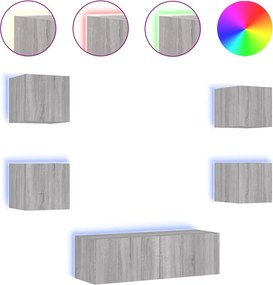 vidaXL Comode TV de perete cu lumini LED, 5 piese, gri sonoma