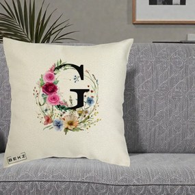 Cadou Personalizat - Perna Personalizata Monogram Litera G cu Flori Acuarela, 40x40 cm, Ecru, Husa Detasabila, Perna Inclusa, BEKZ®