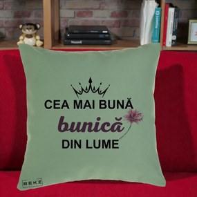 Cadou pentru Bunica - Perna Personalizata Cea Mai Buna Bunica Din Lume Coroana Mov Floare Roz, 40x40 cm, Verde, Husa Detasabila, Perna Inclusa, BEKZ®