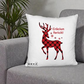 Perna Decorativa Ren Tartan Craciun Fericit, 40x40 cm, Alb Pufos, Husa Detasabila, Perna Inclusa, BEKZ®