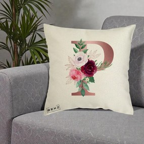 Cadou Personalizat - Perna Personalizata Monograma Rose Gold Litera P, 40x40 cm, Ecru, Husa Detasabila, Perna Inclusa, BEKZ®