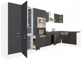 Mobilă de bucătărie de colț Yorki 430, corp alb, față antracit satinat, cu frigider sub blat