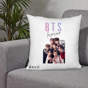 Perna Personalizata K-pop BTS Forever cu Foto Grup Negru, 40x40 cm, Alb Pufos, Husa Detasabila, Perna Inclusa, BEKZ®