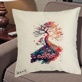 Perna Decorativa Copac Sakura Acuarela Fantasy, 40x40 cm, Ecru, Husa Detasabila, Perna Inclusa, BEKZ®