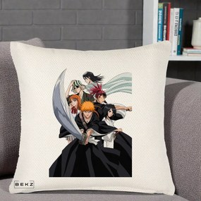 Perna Personalizata Bleach Grup Complet Ichigo si Prietenii, 40x40 cm, Crem Reliefat, Husa Detasabila, Perna Inclusa, BEKZ®