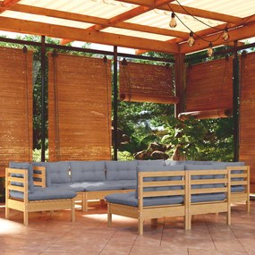 3096742 vidaXL Set mobilier de grădină cu perne gri, 9 piese, lemn masiv pin
