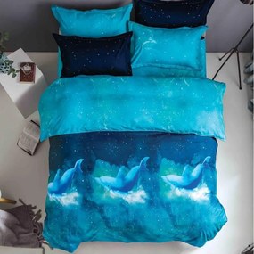 Lenjerie pat dublu cu doua feţe  4 piese  Bumbac Satinat Superior  Albastru  delfini