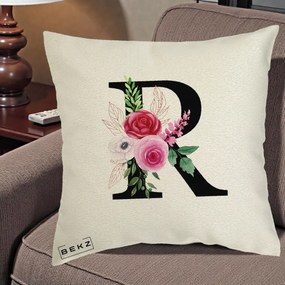 Cadou Personalizat - Perna Personalizata Monograma Florala Litera R, 40x40 cm, Ecru, Husa Detasabila, Perna Inclusa, BEKZ®