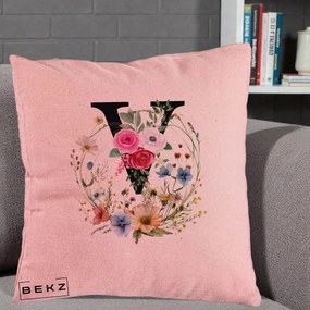 Cadou Personalizat - Perna Personalizata Monograma Florala Litera V cu Coroana, 40x40 cm, Roz, Husa Detasabila, Perna Inclusa, BEKZ®