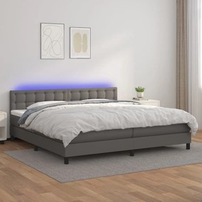vidaXL Pat cu arcuri, saltea și LED, gri, 200x200 cm, piele ecologică