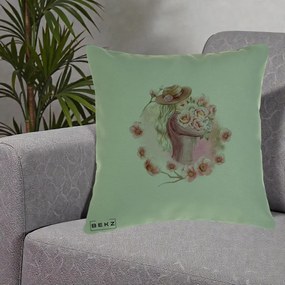 Perna Decorativa Femeie cu Flori Roz Acuarela, 40x40 cm, Verde, Husa Detasabila, Perna Inclusa, BEKZ®