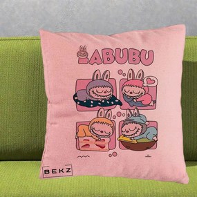 Perna Personalizata Labubu Sleeping Quad Grid, 40x40 cm, Roz, Husa Detasabila, Perna Inclusa, BEKZ®