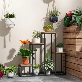 Outsunny Raft de plante, etajeră de flori din metal și lemn cu 4 nivele de înălțimi diferite în stil industrial 80 x 20 x 74 cm | Aosom Romania