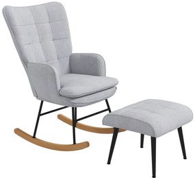 HOMCOM Fotoliu cu leagăn și otomană în design scandinav Fotoliu cu taburet, Lemn de fag, Captuseală, 64 cm x 89 cm x 90 cm Gri | Aosom Romania