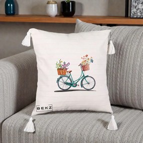 Perna Decorativa Bicicleta Florala Turcoaz Acuarela, 40x40 cm, Bej cu Franjuri, Husa Detasabila, Perna Inclusa, BEKZ®
