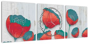 Tablou - Maci de câmp - petrol (cu ceas) (90x30 cm)