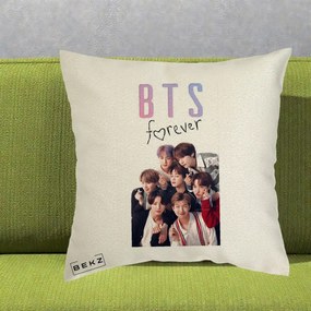 Perna Personalizata K-pop BTS Forever cu Foto Grup Negru, 40x40 cm, Ecru, Husa Detasabila, Perna Inclusa, BEKZ®