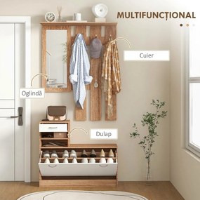 HOMCOM Set Mobilier Modern cu Etajeră pentru Pantofi, Oglindă cu 6 Cârlige, 2 Rafturi și Sertare, 90x24x177 cm, Lemn Natural | Aosom Romania